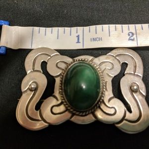 Sterling Silver and jade like stone brooch. With p